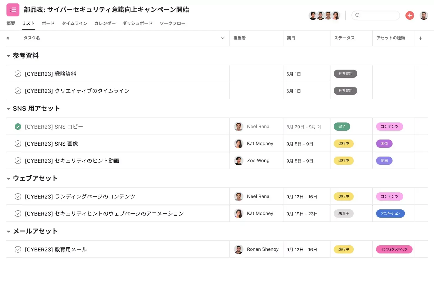 [製品 UI] Asana のクリエイティブ部品表テンプレート、スプレッドシート形式のプロジェクトビュー (リスト)