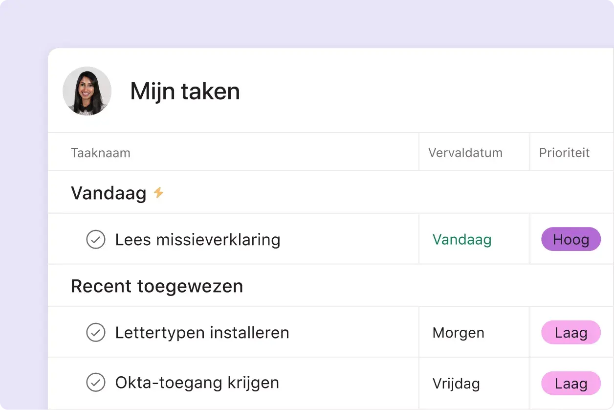 beheer onboarding in Asana