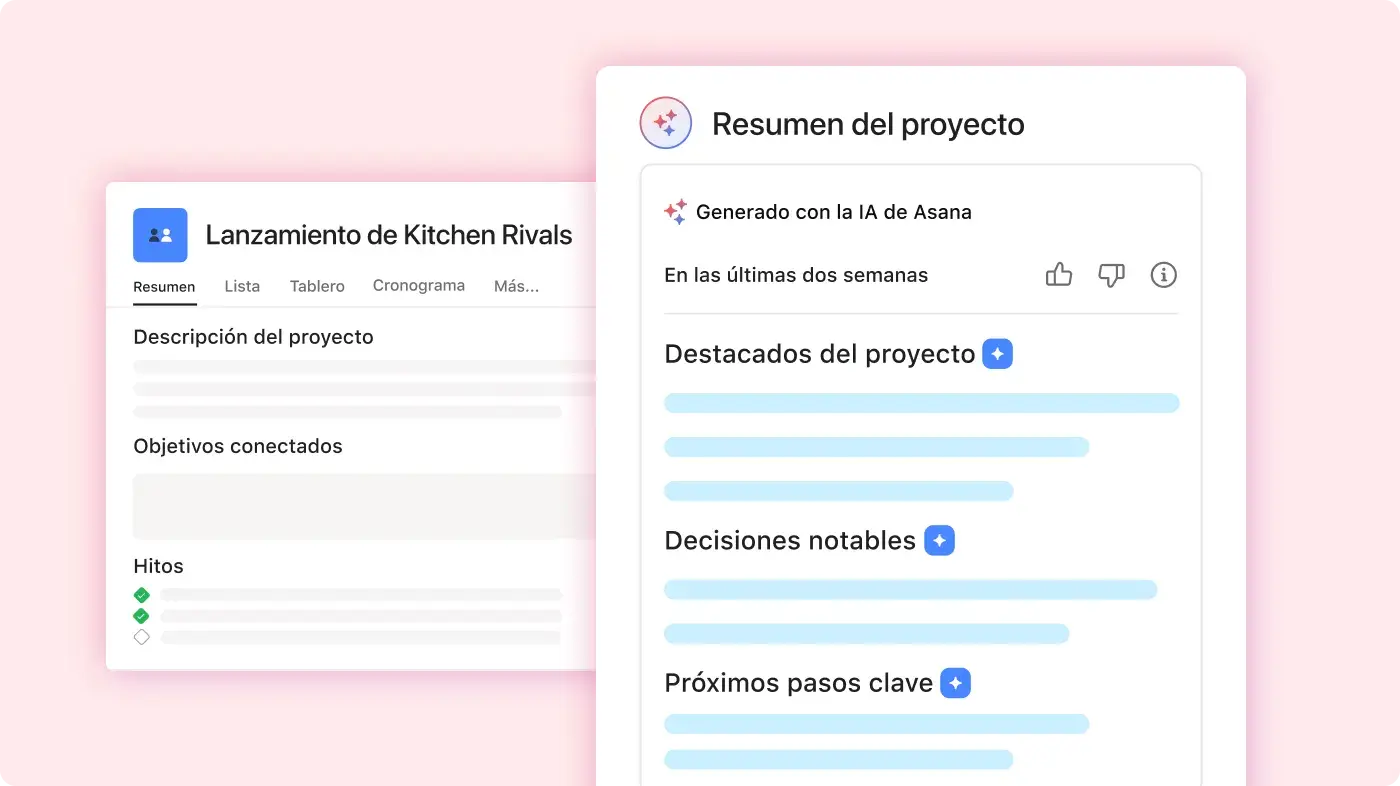 Resumen del proyecto de lanzamiento de Kitchen Rivals: interfaz de usuario de producto de Asana