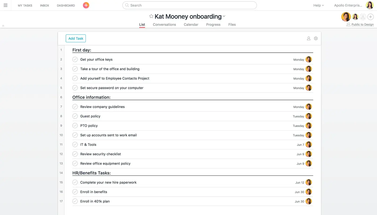 Project plan templates in Asana