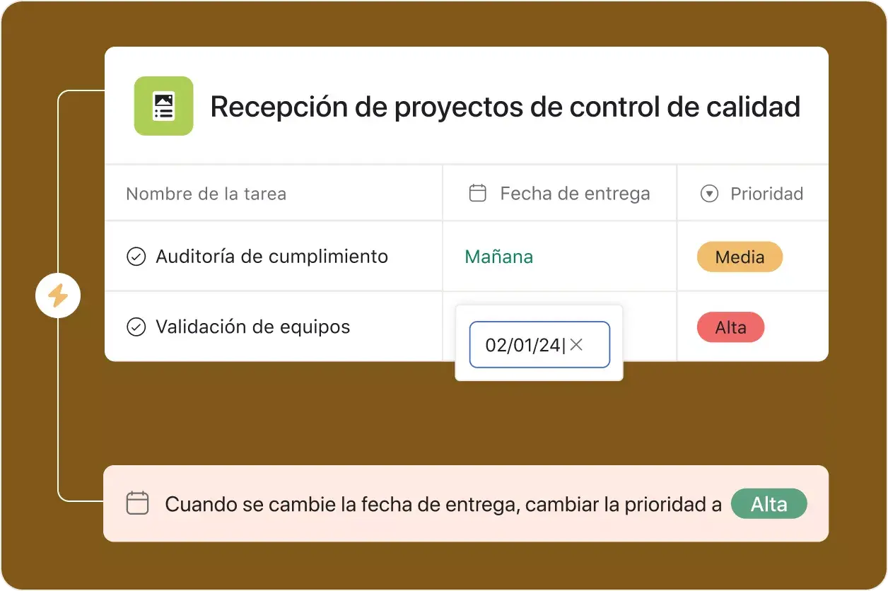 Vista de lista de recepción de proyectos de control de calidad: interfaz de usuario de producto de Asana