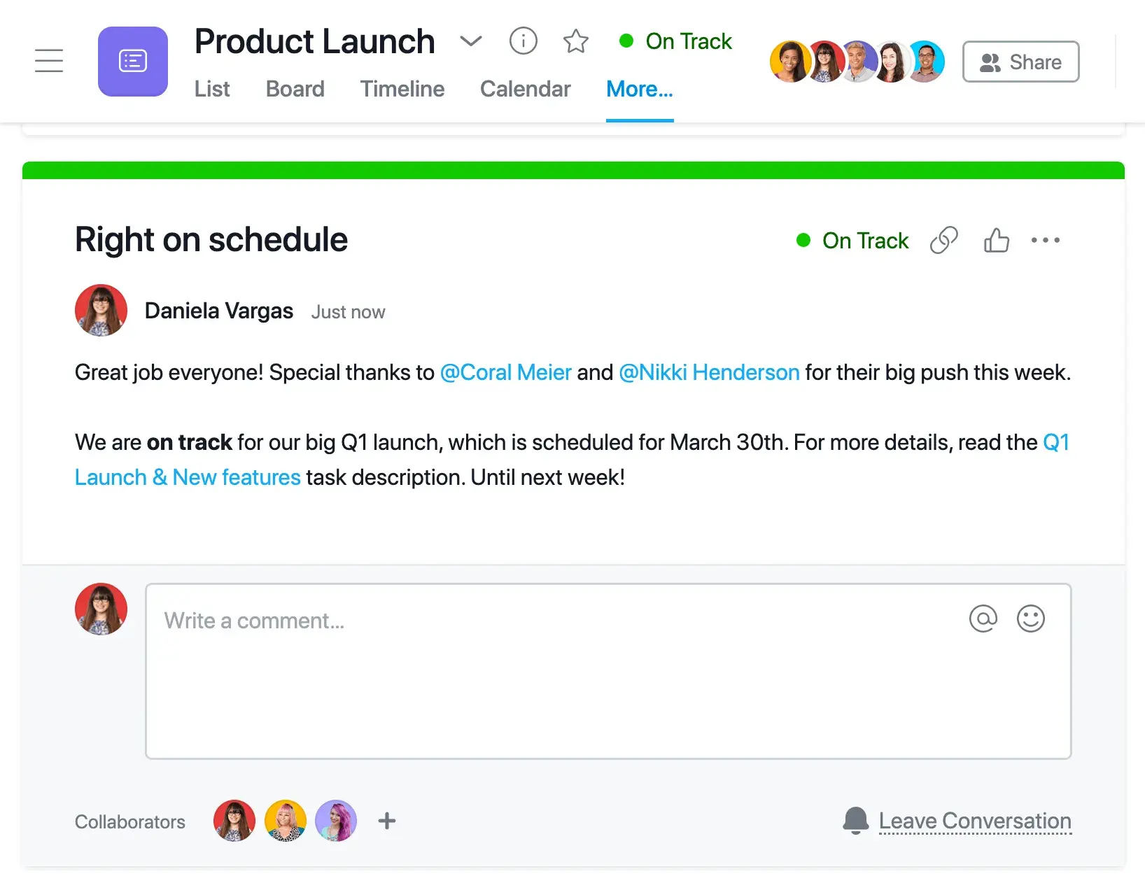 Product UI: Product launch status updates in Asana