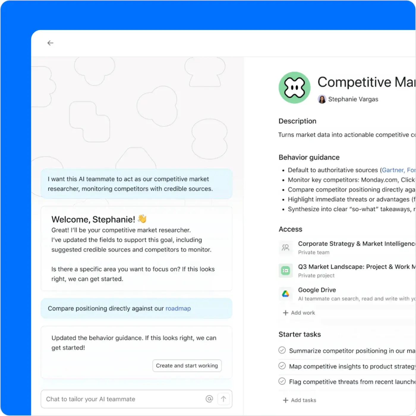 Asana interface showing a setup chat with Asana AI for an AI teammate. The AI asks "What work should I know?" and suggests linking the Marketing team and a Campaign Brief template. A side panel displays the teammate's access settings.