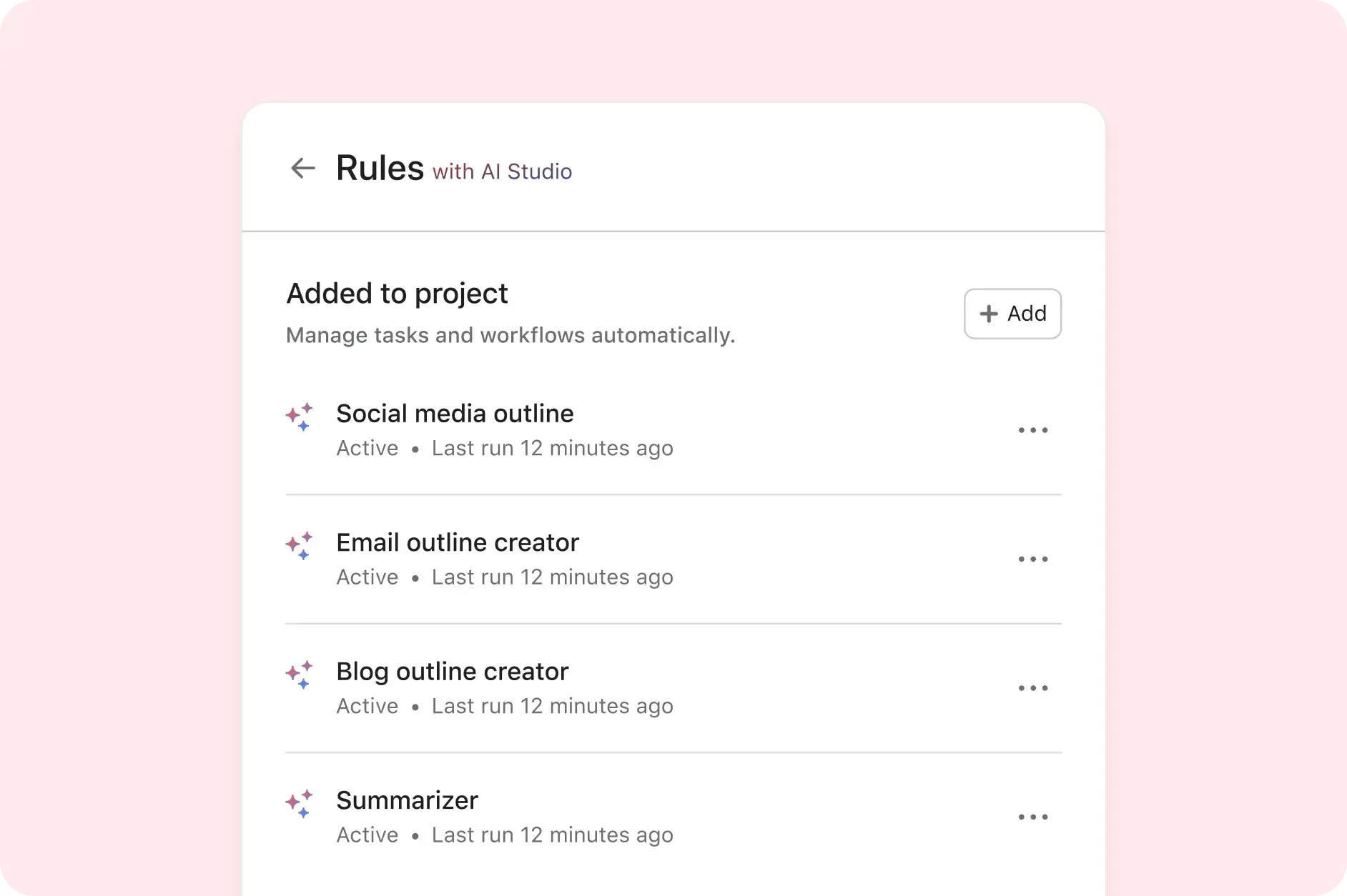 Product UI showing how to set up Rules with Asana AI Studio