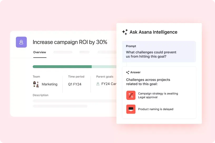 Asana 產品 UI 顯示「Asana Intelligence」回應「哪些挑戰可能會阻礙我們實現此目標？」的提示