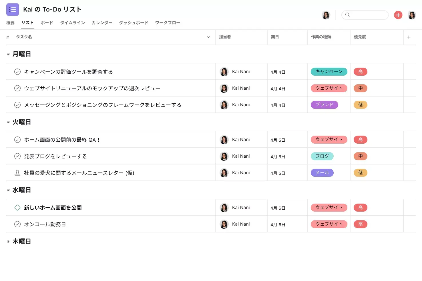 [製品 UI] Asana のウィークリー To-Do リストプロジェクト、スプレッドシート形式のプロジェクトビュー (リスト)