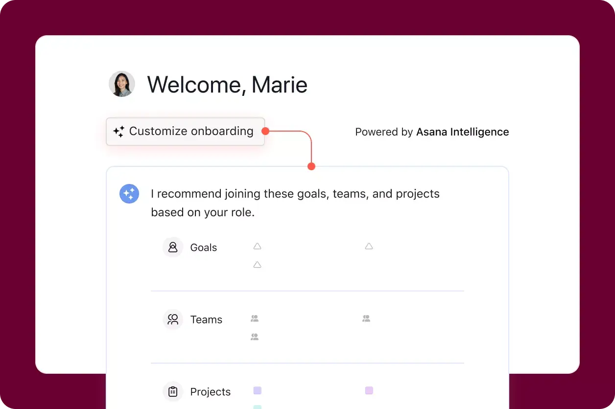 신규 입사자가 자신의 역할에 따라 참여해야 하는 목표, 팀, 프로젝트를 제안하는 Asana Intelligence를 보여주는 Asana 제품 UI.