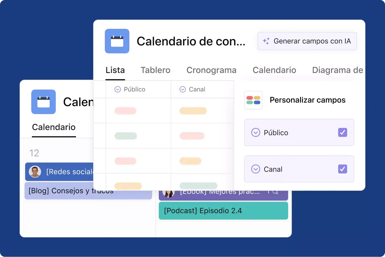 Interfaz de usuario del producto de calendario de contenido de Asana