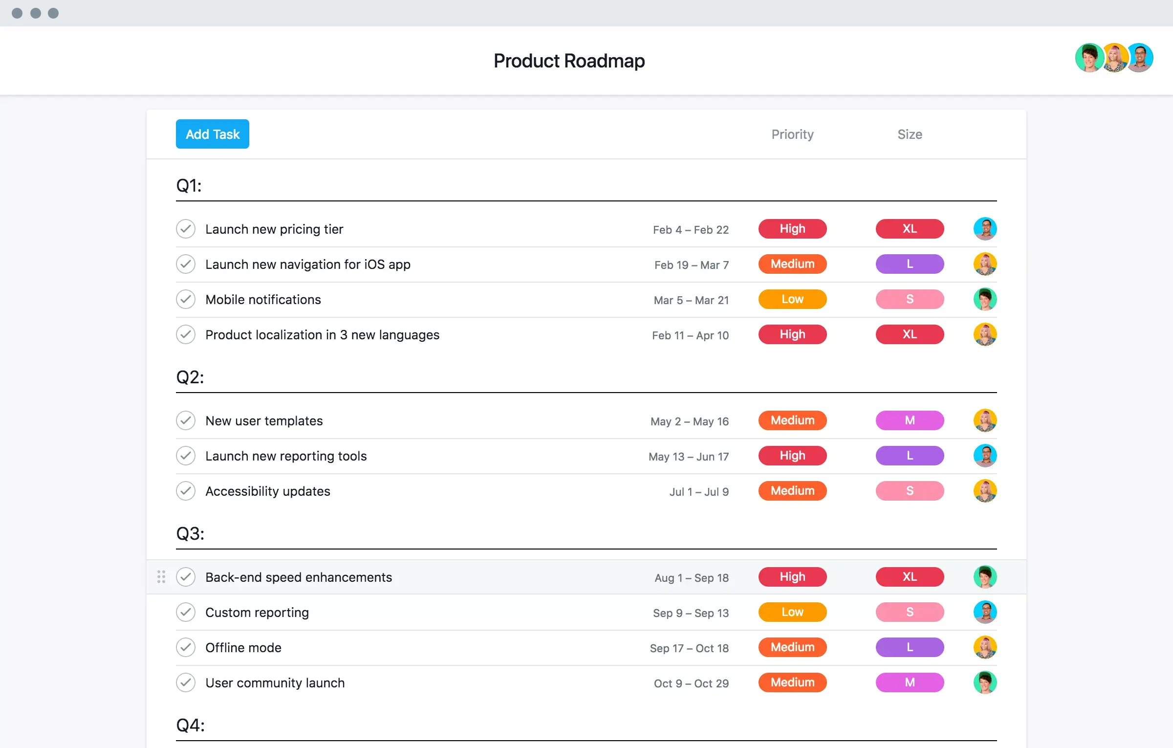 [舊版產品 UI] Asana 中的產品藍圖範本，試算表風格的專案檢視 (清單)