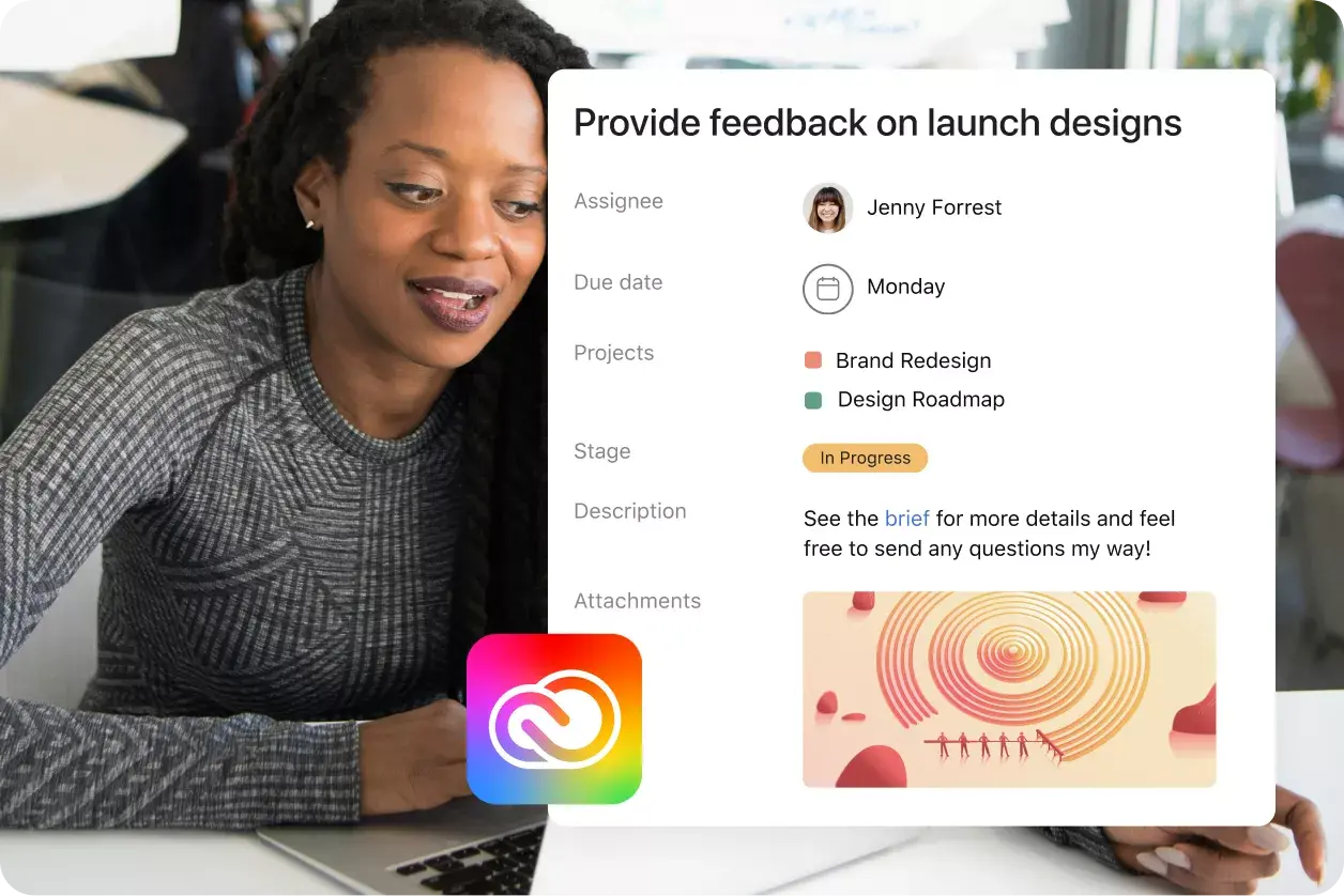 Adobe Creative Cloud 연동을 통한 크리에이티브 검토 작업의 Asana 제품 UI 
