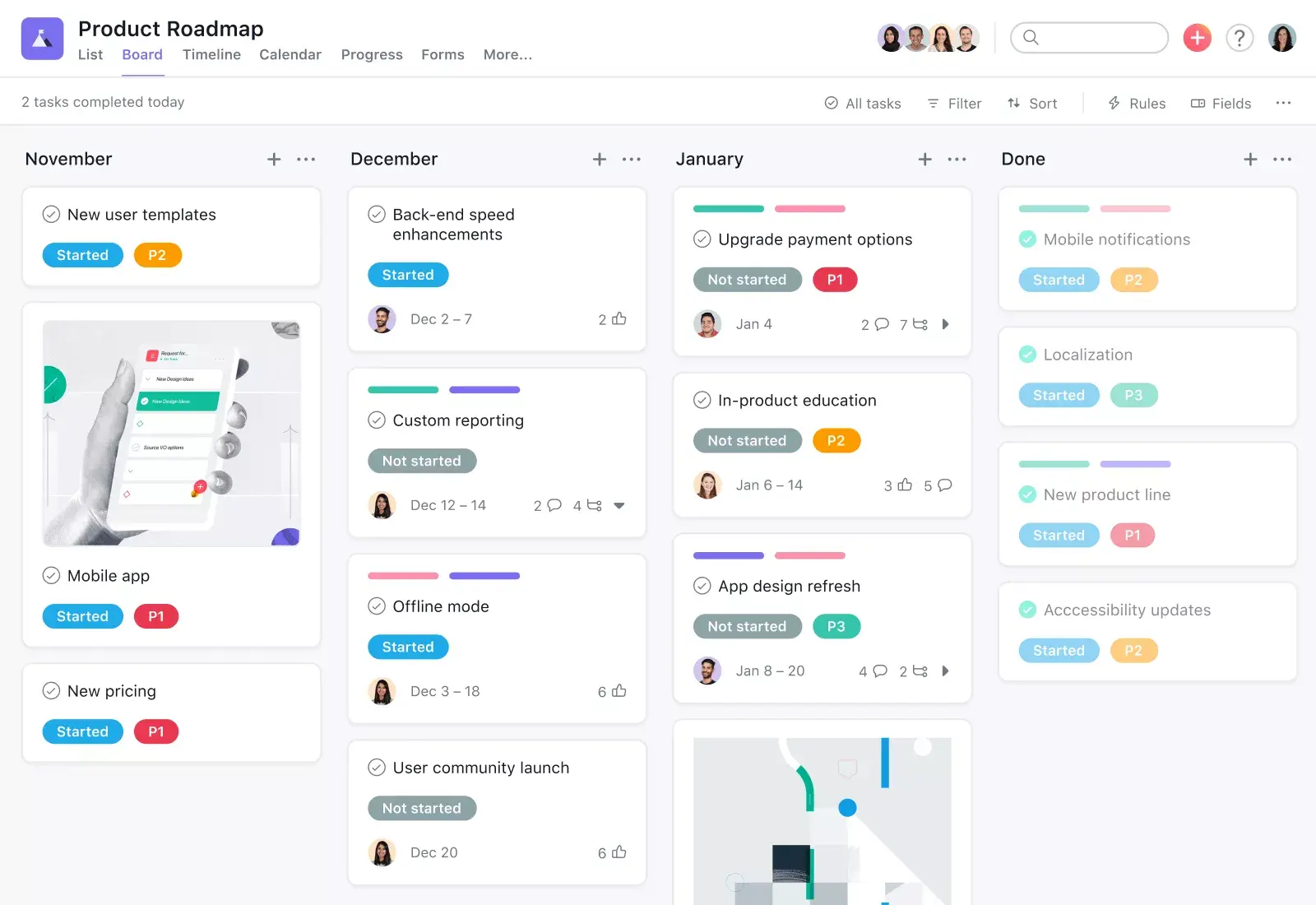 Product UI showing a "Product Roadmap" kanban board, organized by month. 