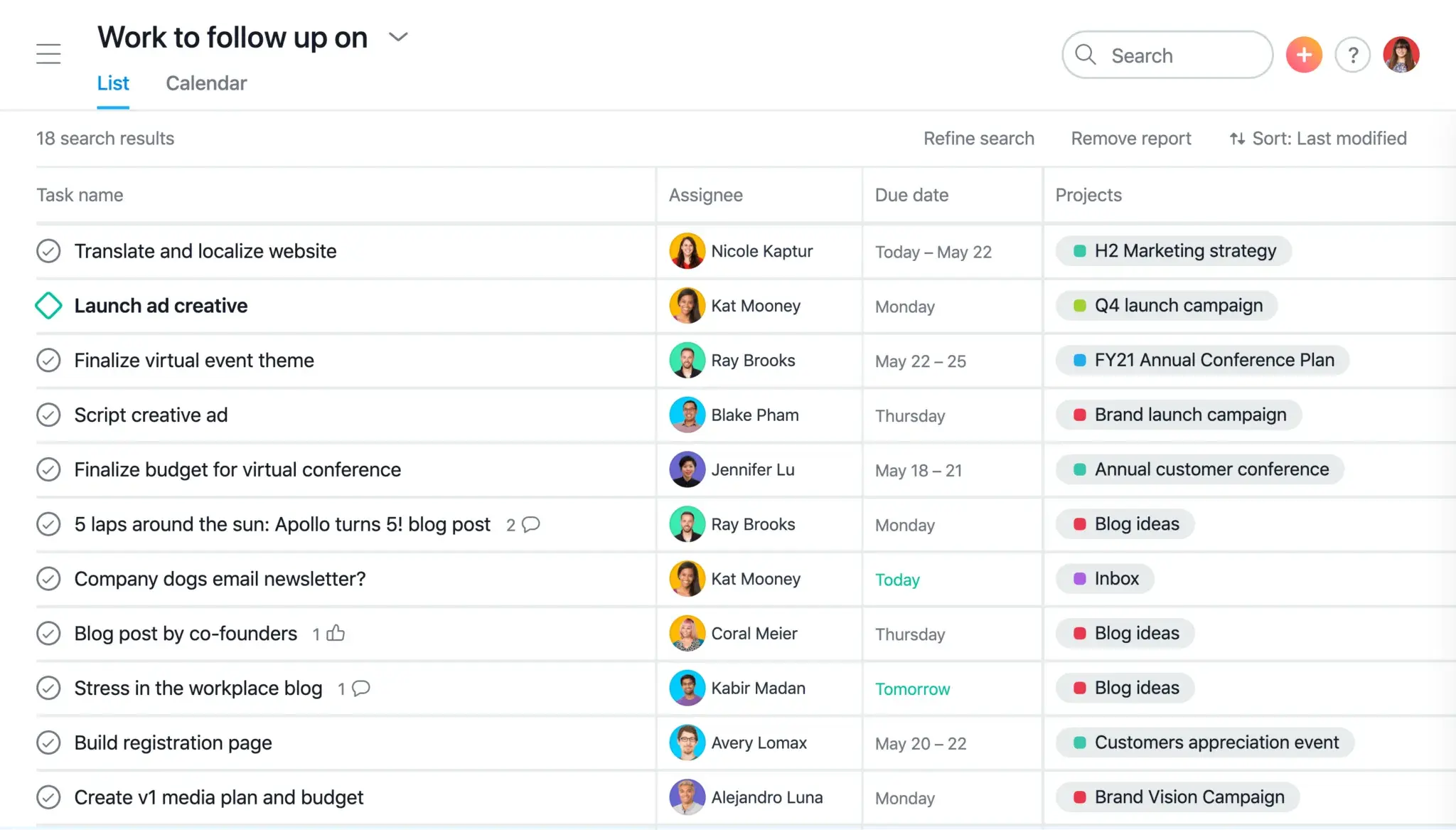 Advanced search in Asana