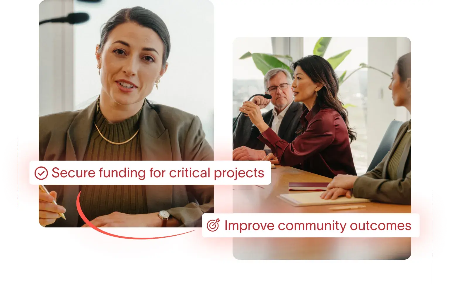 A split image showing a woman in a video call on the left, with text "Secure funding for critical projects." On the right, three people are in a meeting, with text "Improve community outcomes."