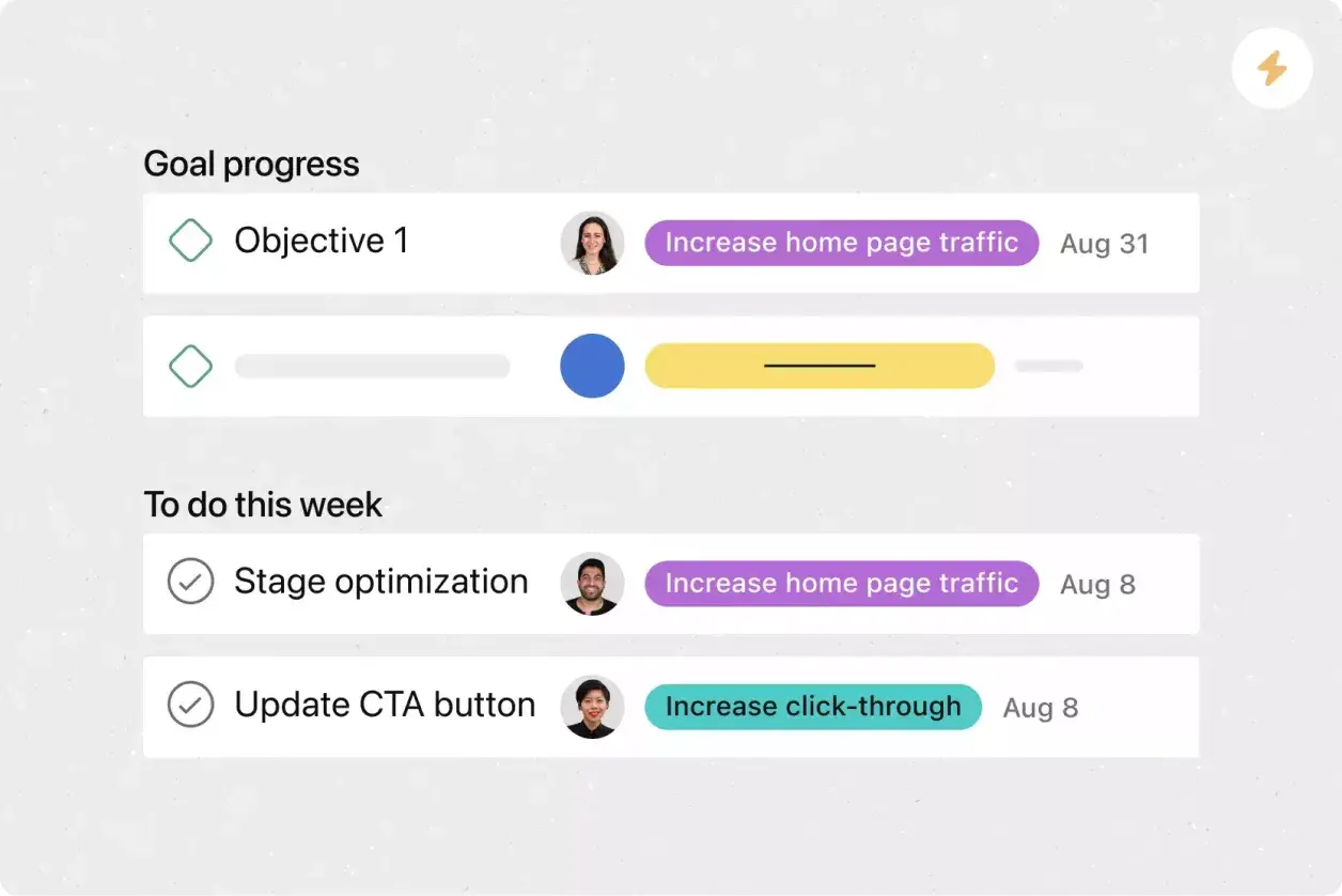 Pianificazione degli obiettivi del team: interfaccia utente del prodotto Asana