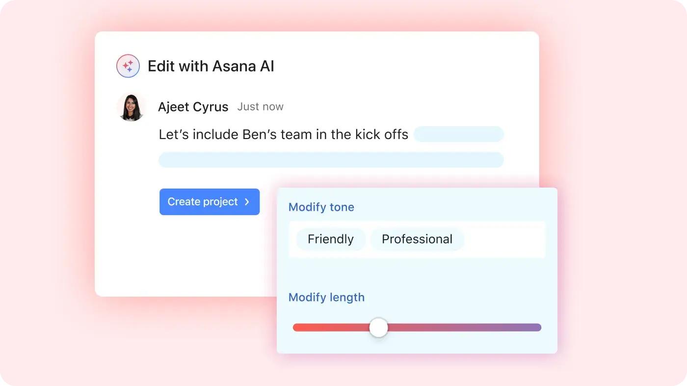 Die Produkt-UI zeigt einen Nutzer, der Asana AI verwendet, um den Tonfall und die Länge einer Nachricht in Asana anzupassen