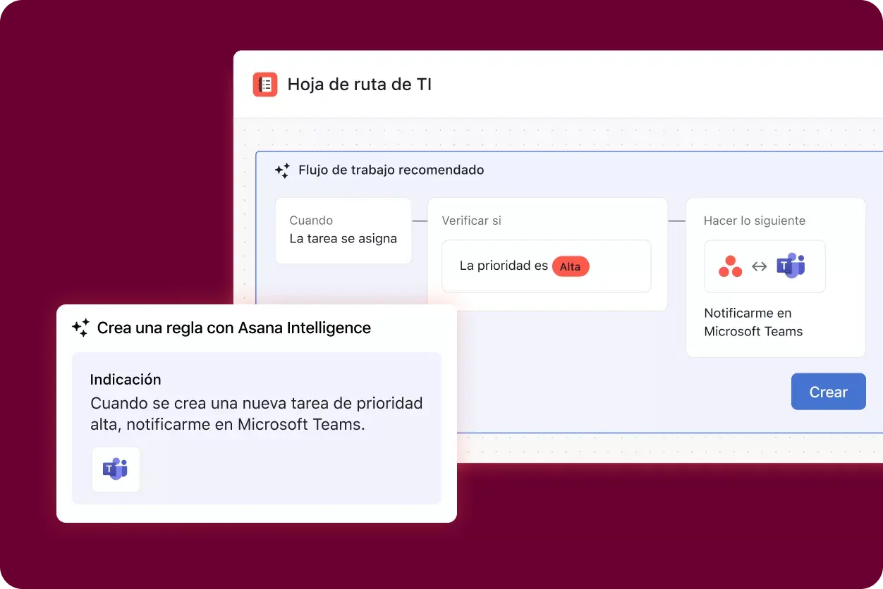 Interfaz de usuario de Asana donde se muestra a Asana Intelligence creando una regla de flujo de trabajo basada en la indicación “Cuando se crea una nueva tarea de prioridad alta, enviarme una notificación en Microsoft Teams”.