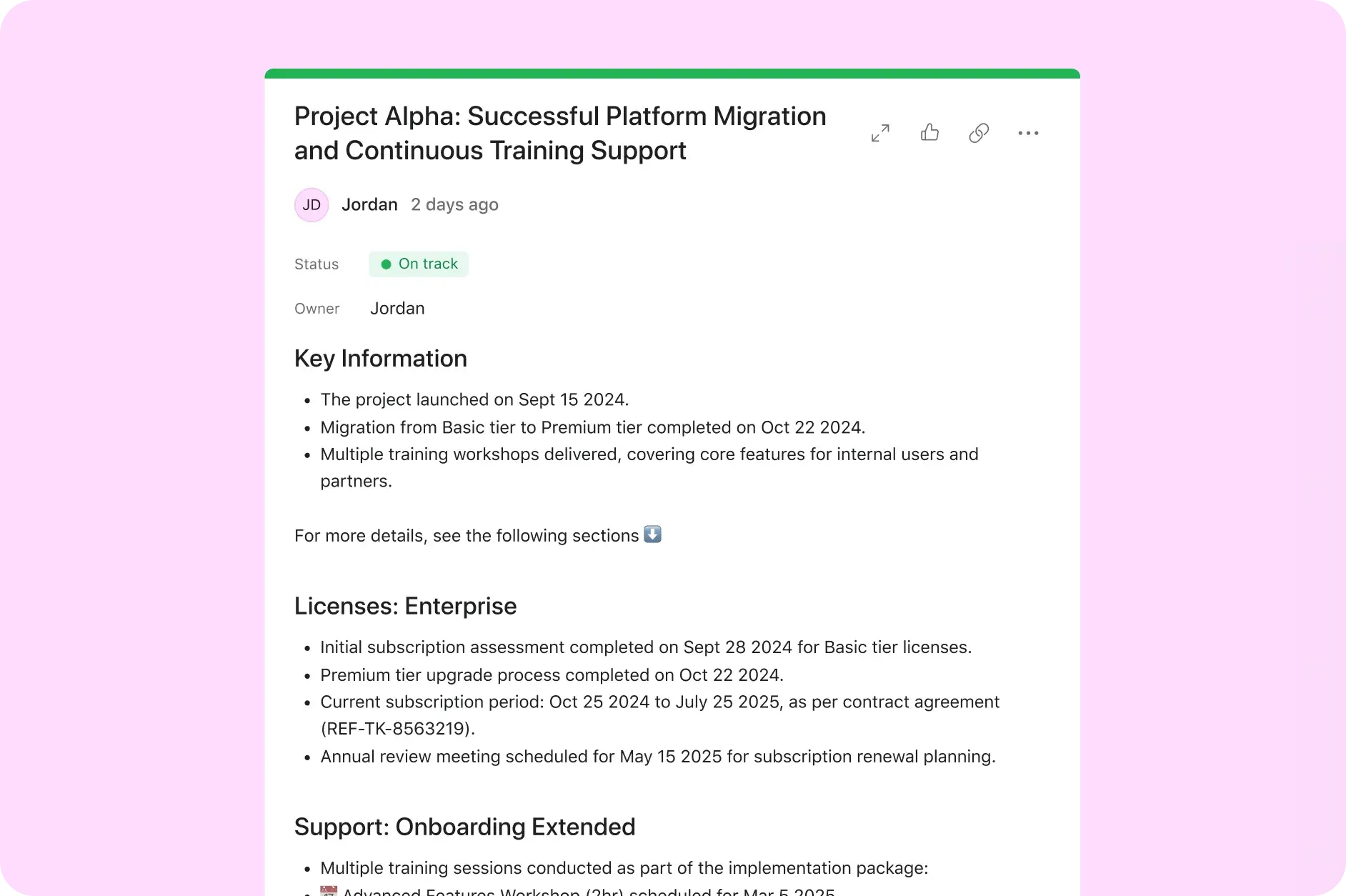 Product UI that shows how Asana partner iDO uses AI Studio to standardize status updates