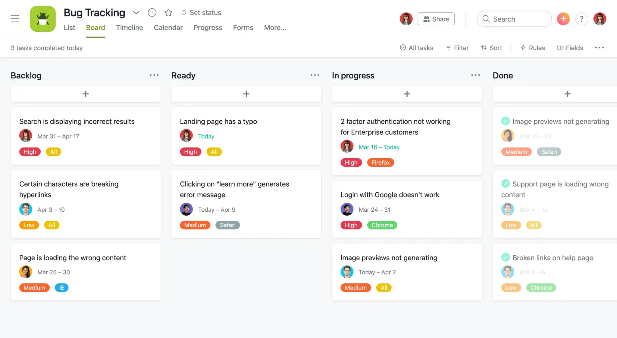 Product UI: Bug tracking in Asana