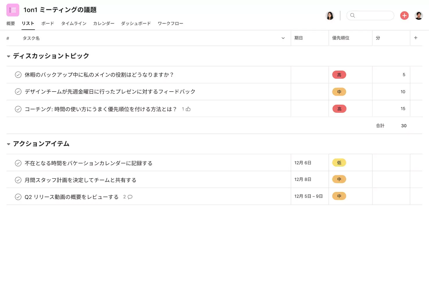 [製品 UI] 議題やアクションアイテム、優先度のある Asana の 1on1 ミーティング議題プロジェクト (リストビュー)