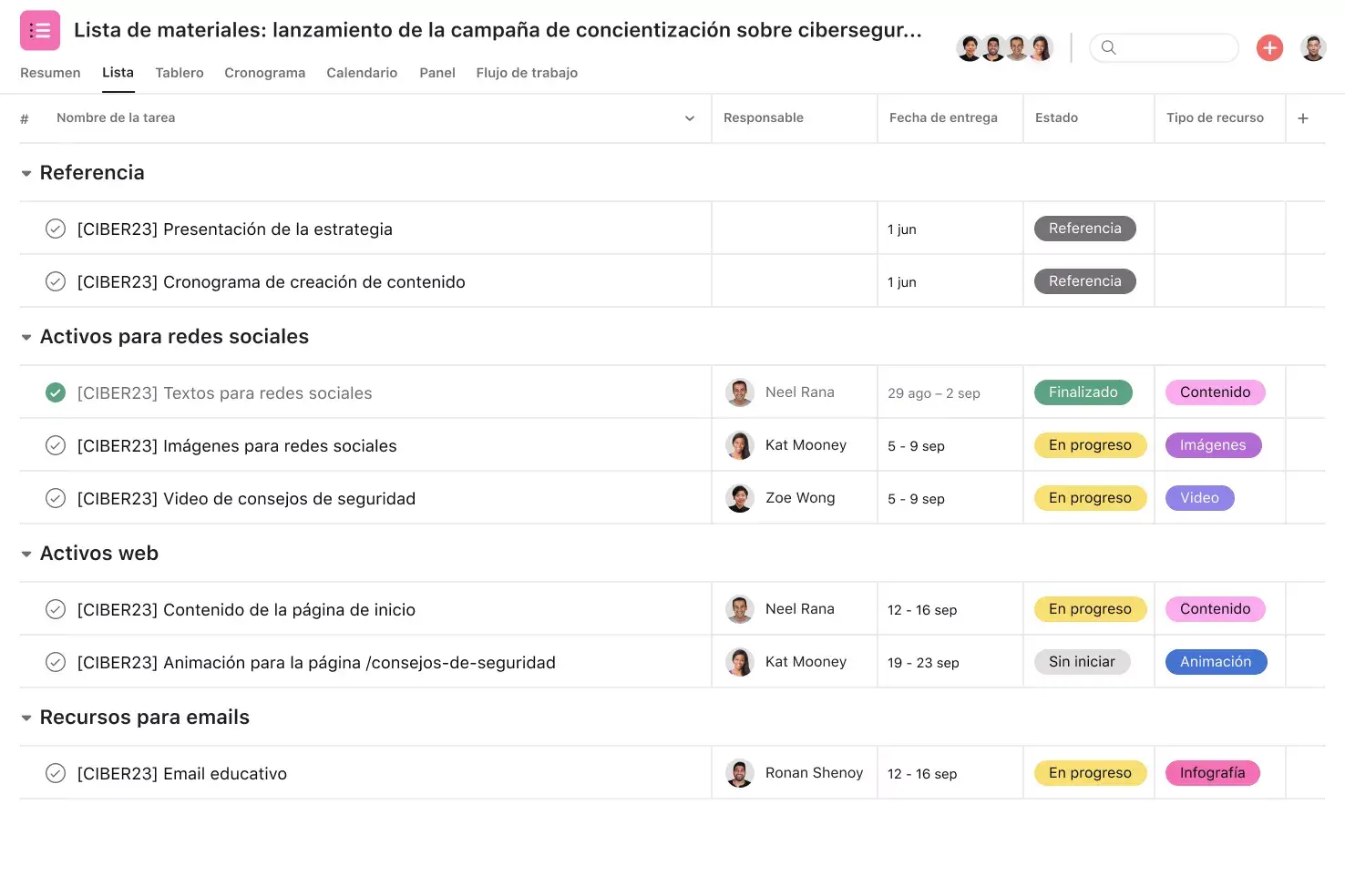 [Interfaz de usuario del producto] Plantilla para lista de materiales creativa en Asana, vista del proyecto en formato de hoja de cálculo (lista)