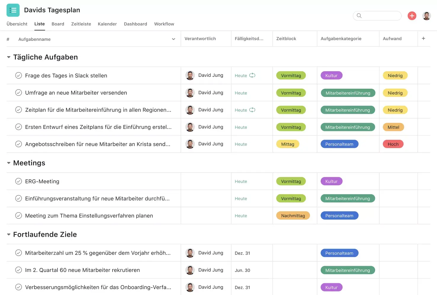 [Produkt-UI] Davids Vorlage für einen Tagesplaner in Asana (Listenansicht)