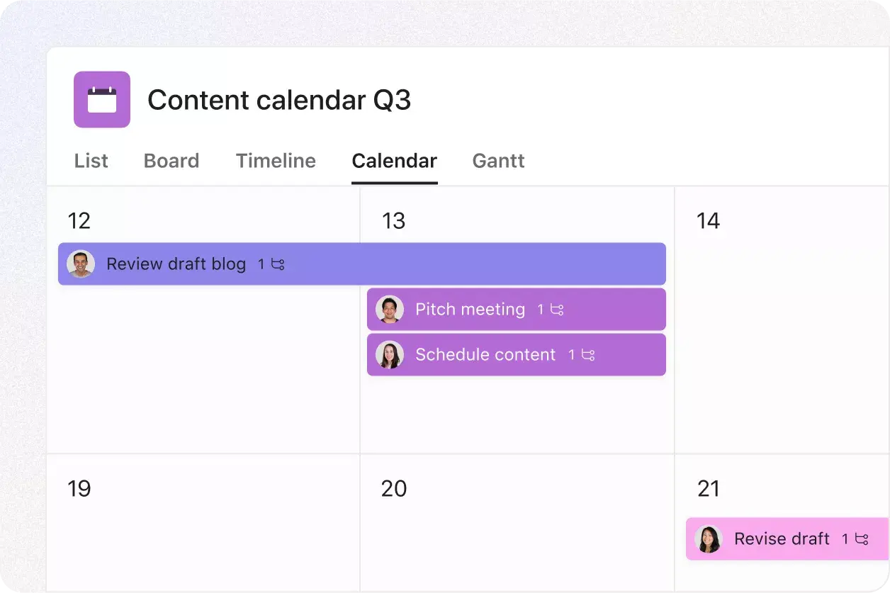 Interface do usuário do produto: recurso de calendário da Asana