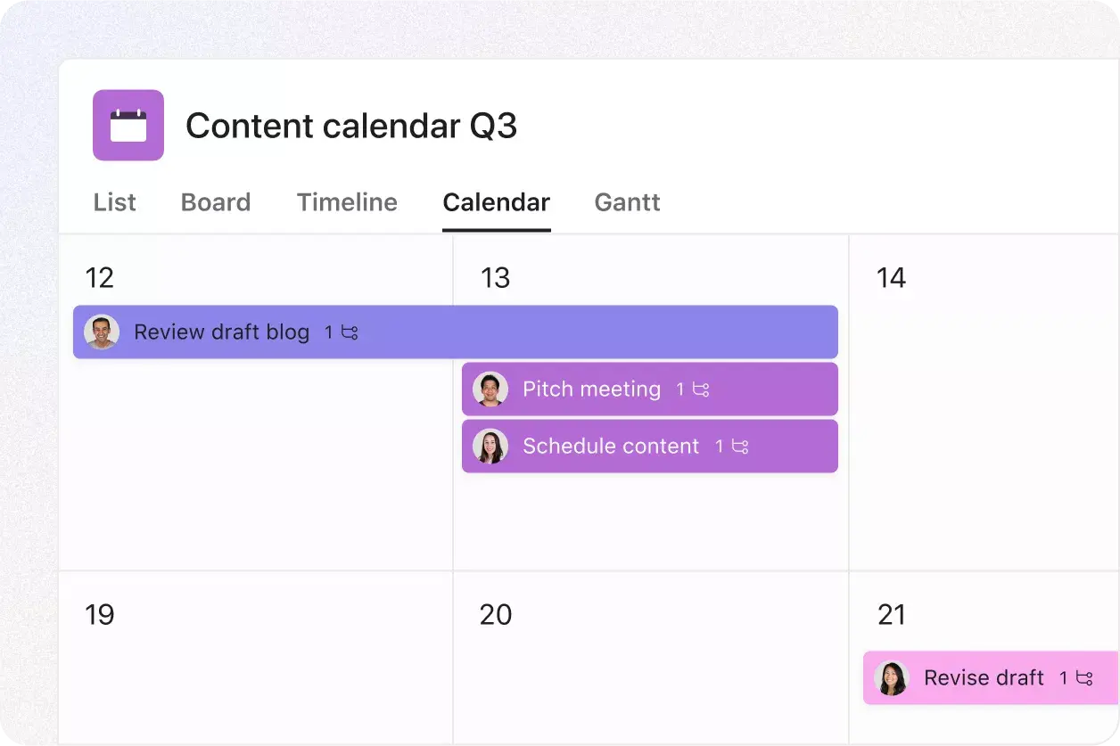 Product UI of Asana's calendar feature