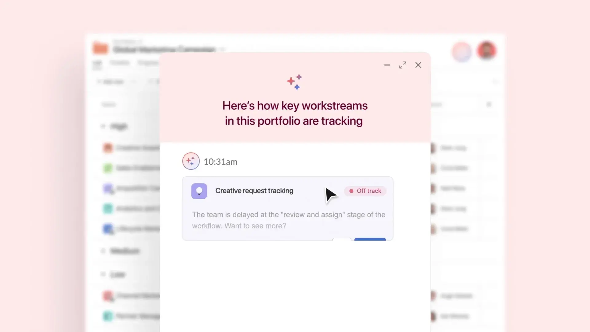 Product UI of Asana AI summarizing current status of key projects in a shared portfolio 