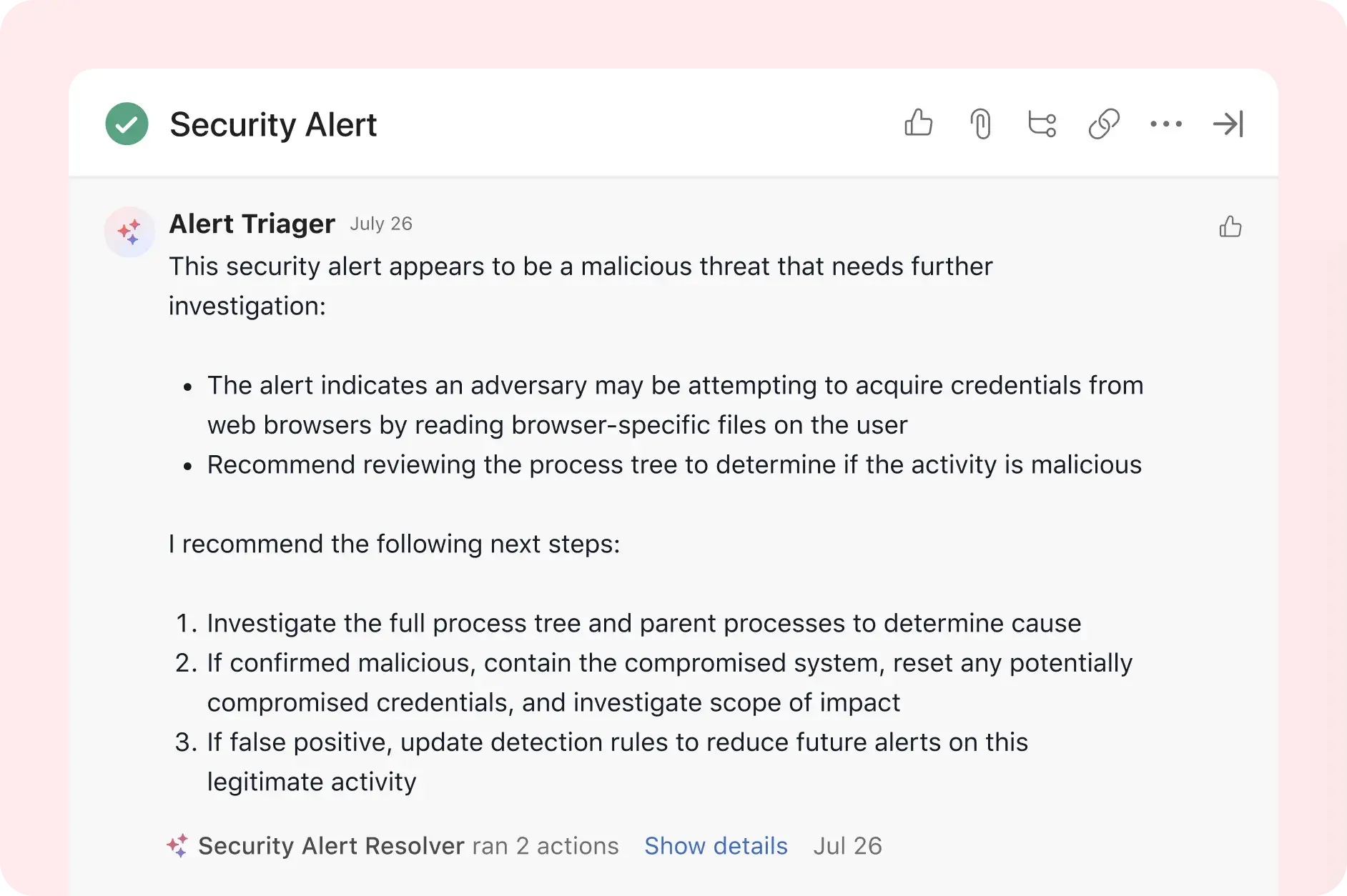 Product UI Image that shows Asana AI Studio in action when resolving a real-life security alert