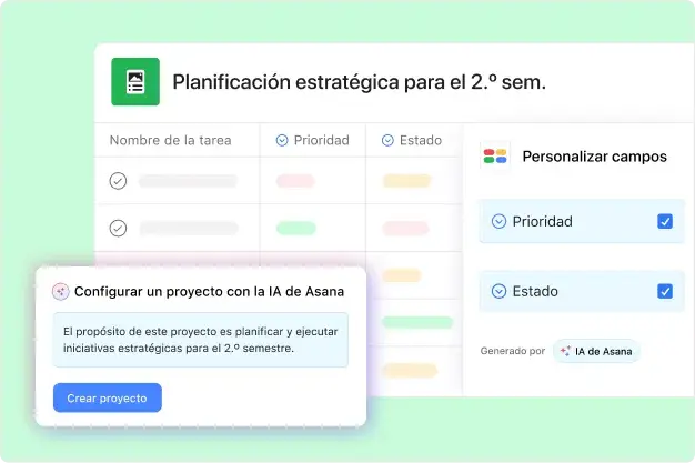 Product UI showing Asana AI automatically creating a project based on the prompt "The purpose of this project is to plan and execute strategic initiatives for H2."