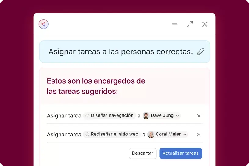 Interfaz de usuario del producto donde se muestra la función de compañero de equipo de la IA de Asana que analiza una tarea y recomienda a quién debe asignarse