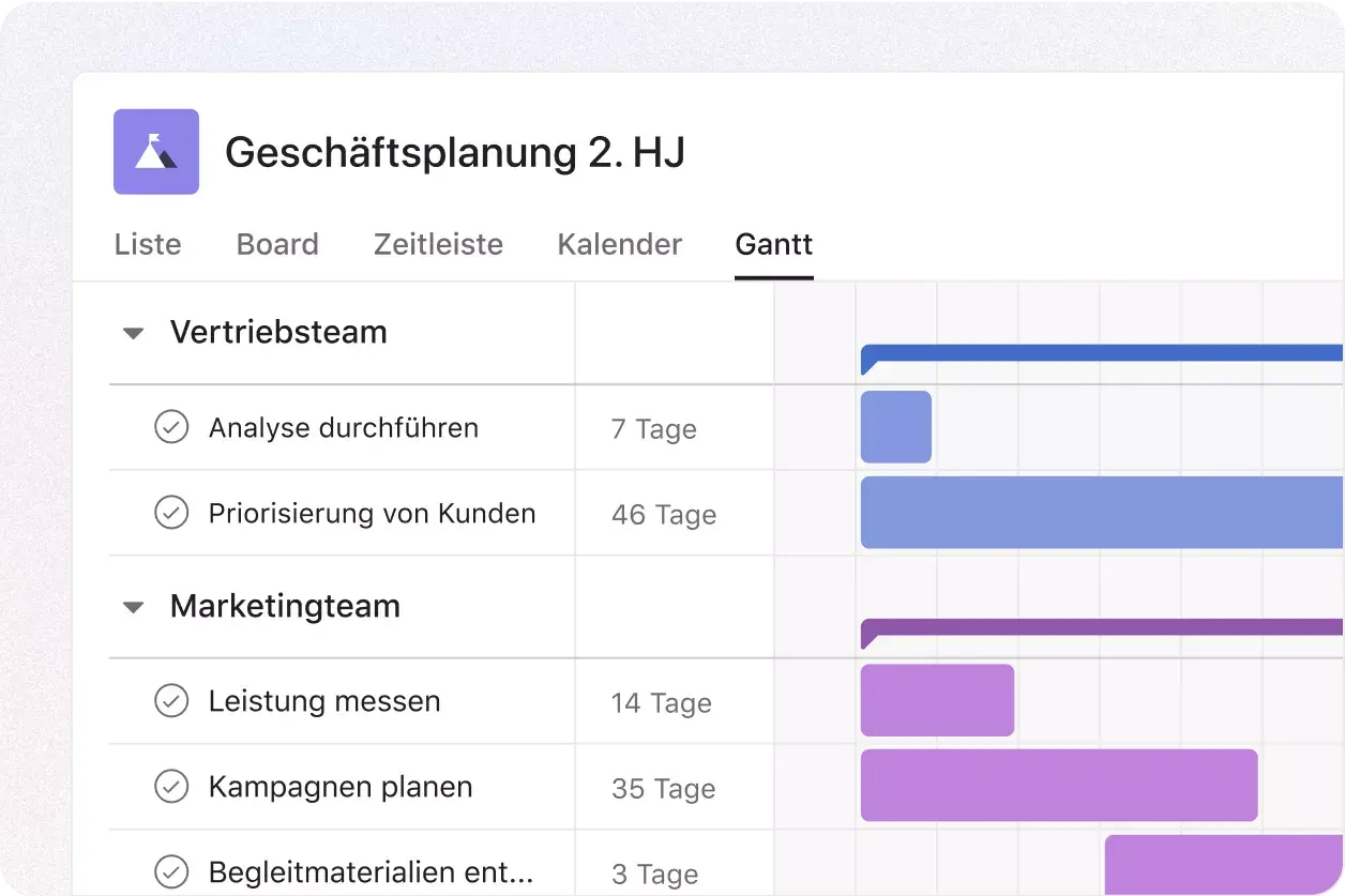 Produkt-UI der Gantt-Diagramme in Asana