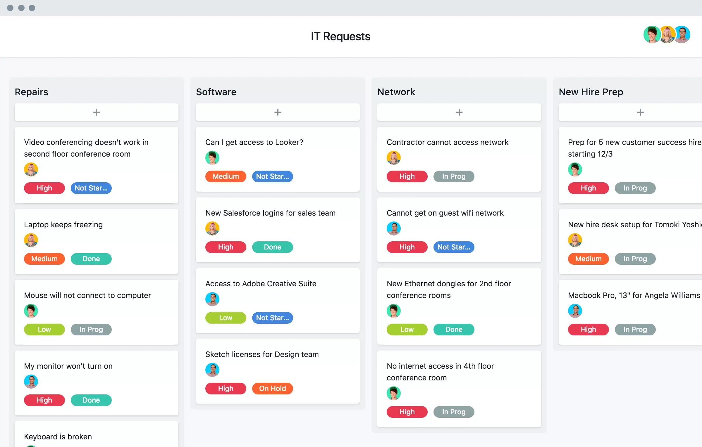 [Interfaz de usuario del producto anterior] Proyecto de solicitudes de TI en Asana, vista del proyecto en formato de tablero Kanban (tableros)