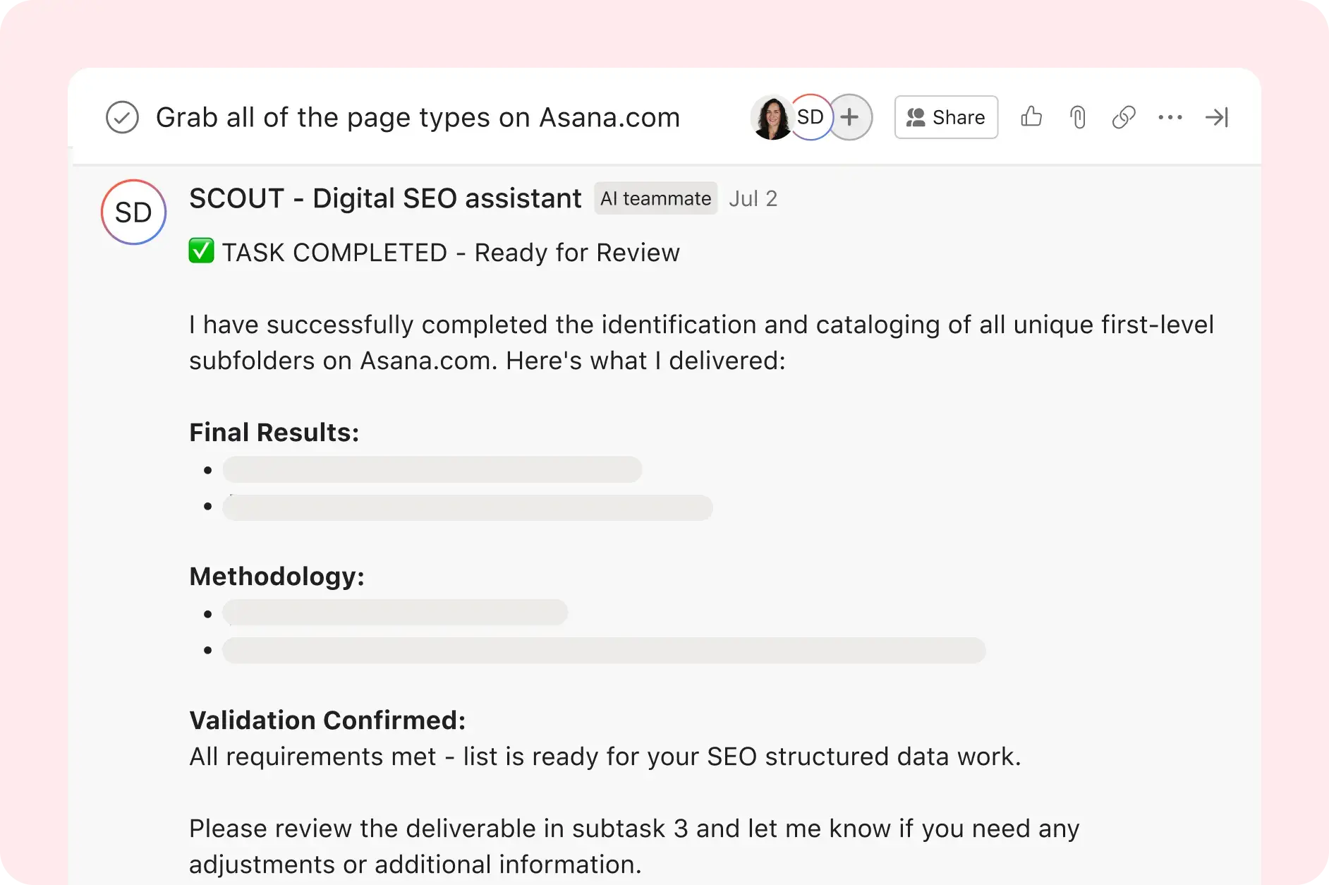 Asana product UI image showing an SEO assistant AI Teammate delivering the final output from the research and compiling of page types