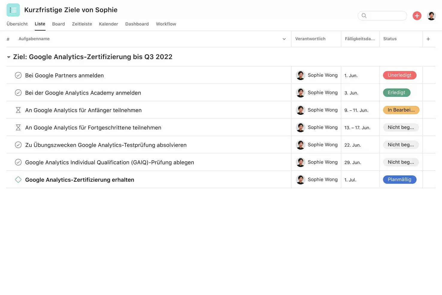 [Produkt-UI] Projekt für kurzfristige Ziele in Asana, Tabellenansicht im Listenstil (Liste)