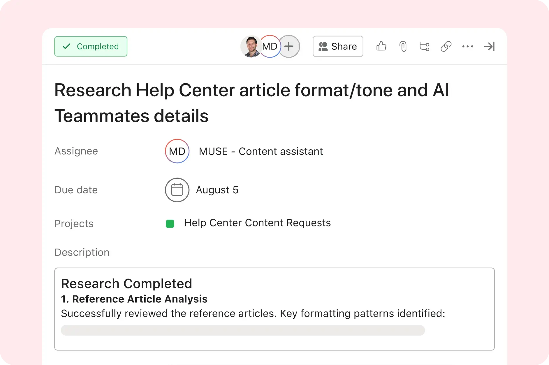 Asana product UI image showing a content assistant AI teammate explaining the steps it took to research the format, tone, and details needed to create the article