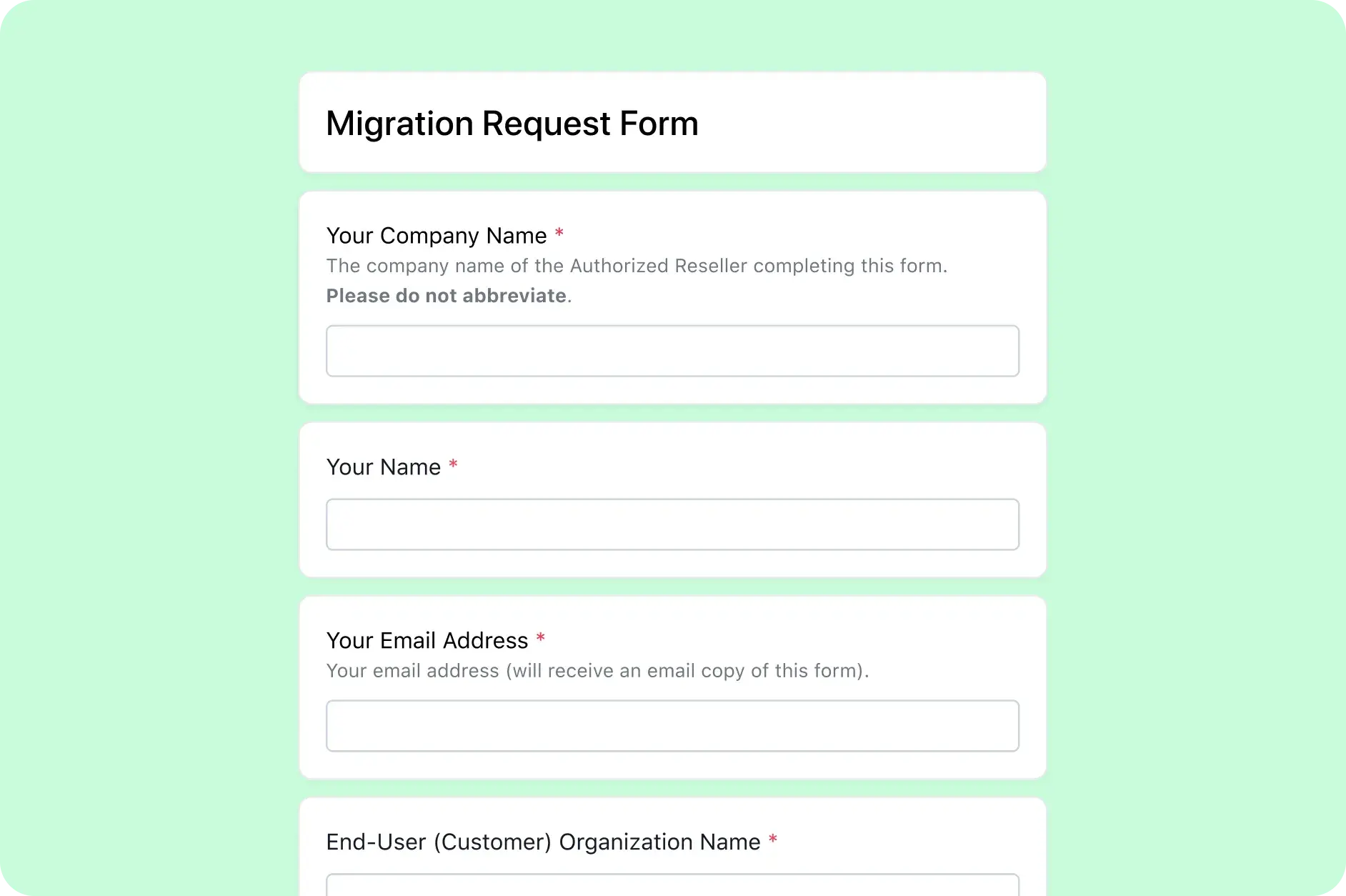 Asana product UI showing how Taco Technologies sets up a migration request form