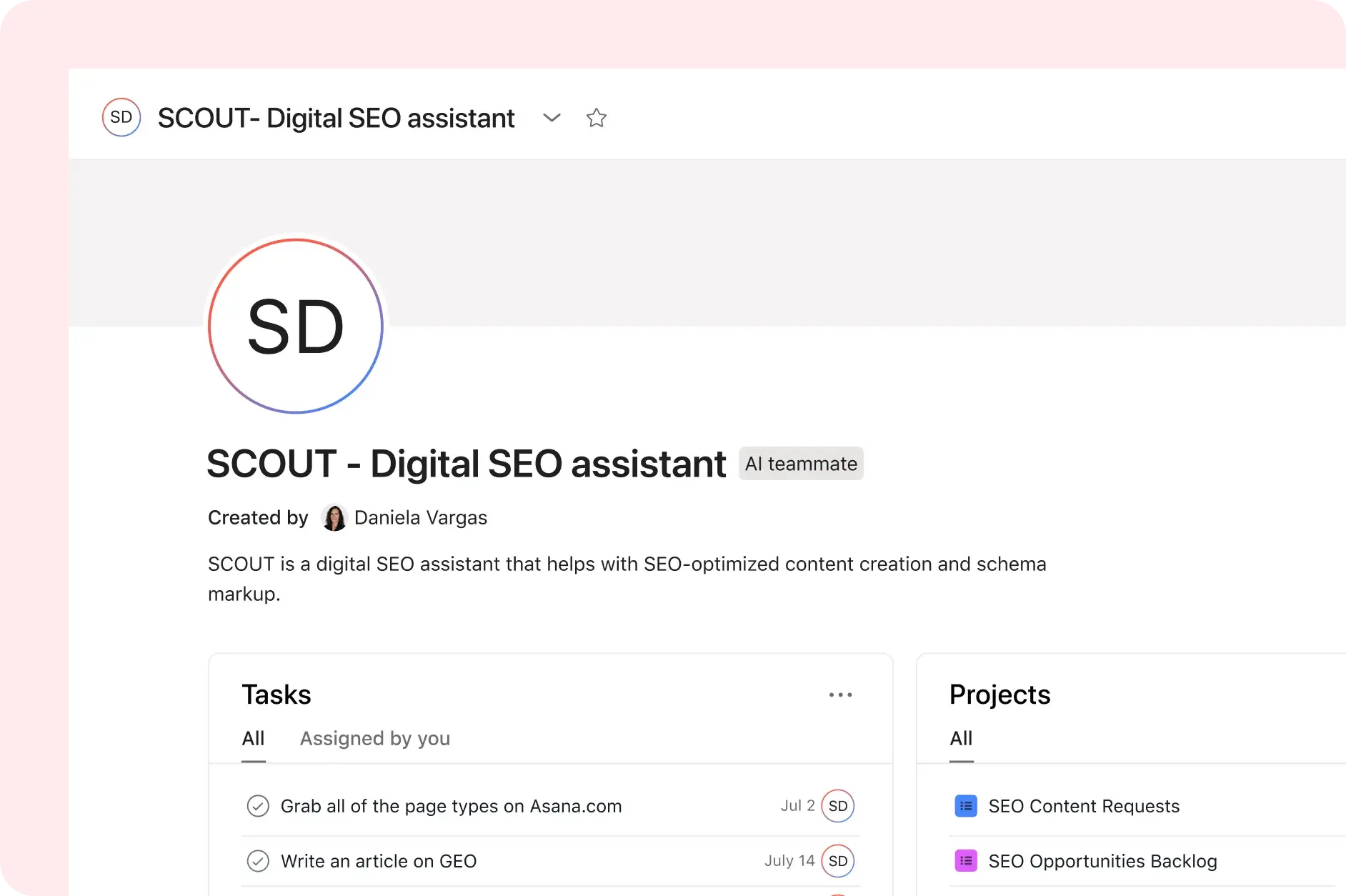 Asana product UI image showing an AI Teammate set up as a digital SEO assistant