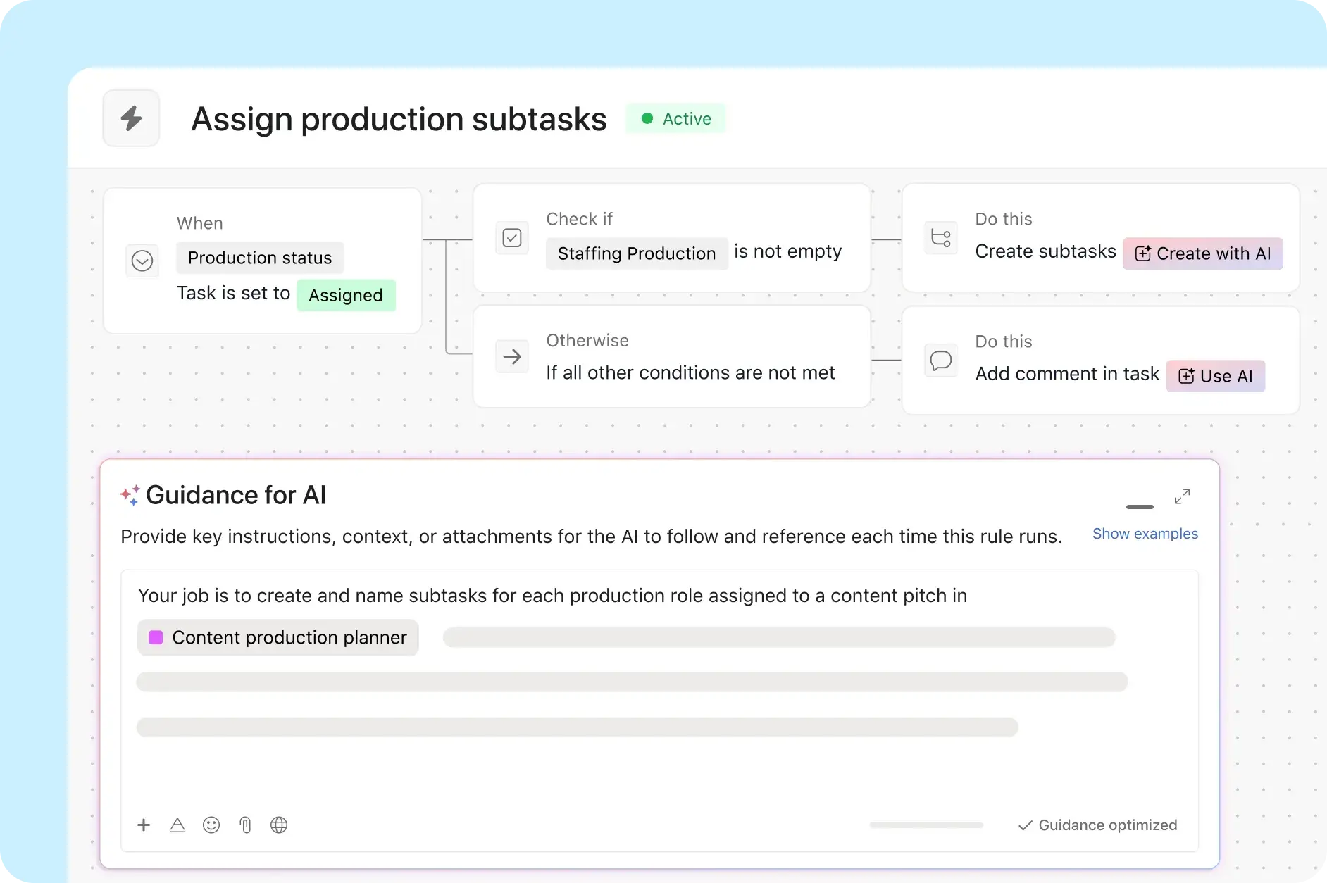 Asana product UI image showing how an AI Studio rule assigns out all content production tasks before work begins