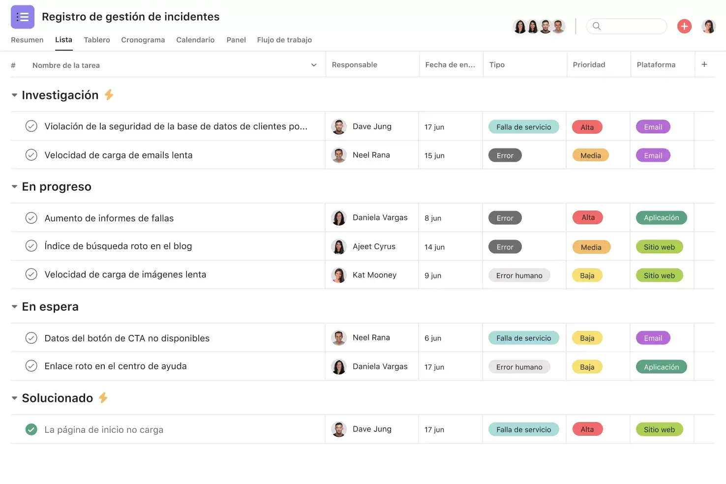 [Interfaz de usuario del producto] Plantilla para gestión de incidentes, en un proyecto con vista al estilo de una hoja de cálculo en Asana (vista de lista)