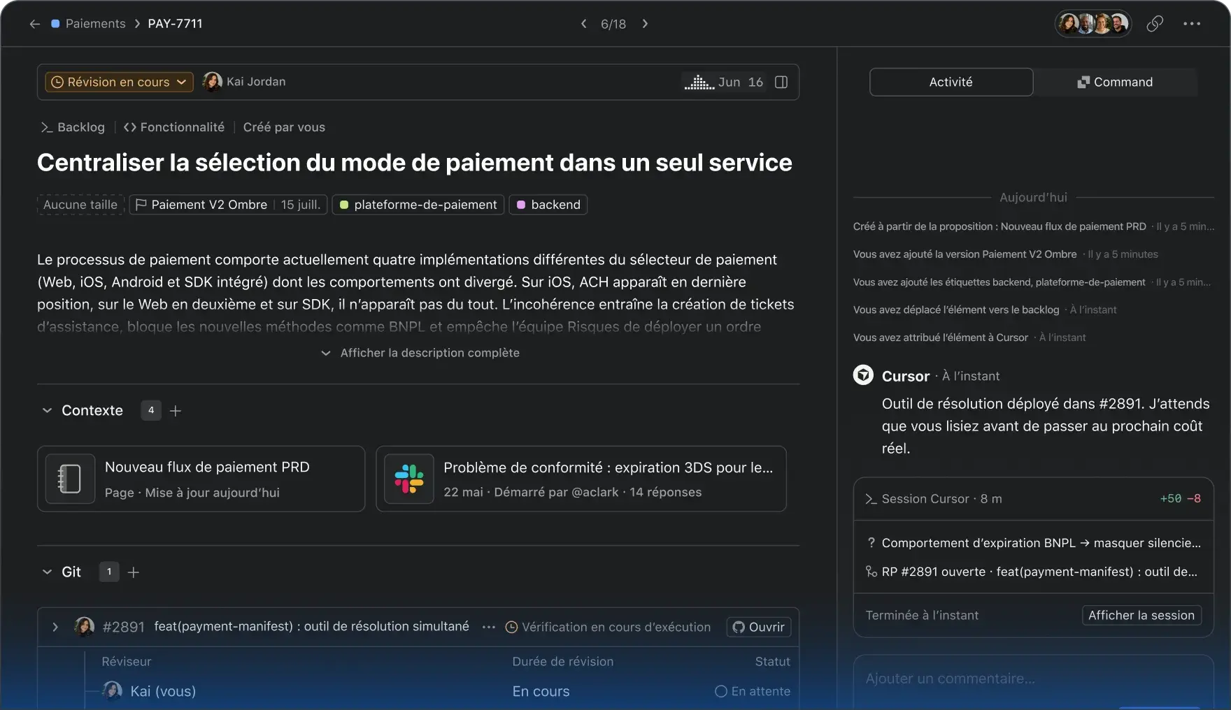 Dark mode issue tracker UI for a task to centralize payment methods. It displays the description, active Git PRs with pending reviewers, linked context docs, and an activity sidebar showing an AI Cursor integration pushing code.