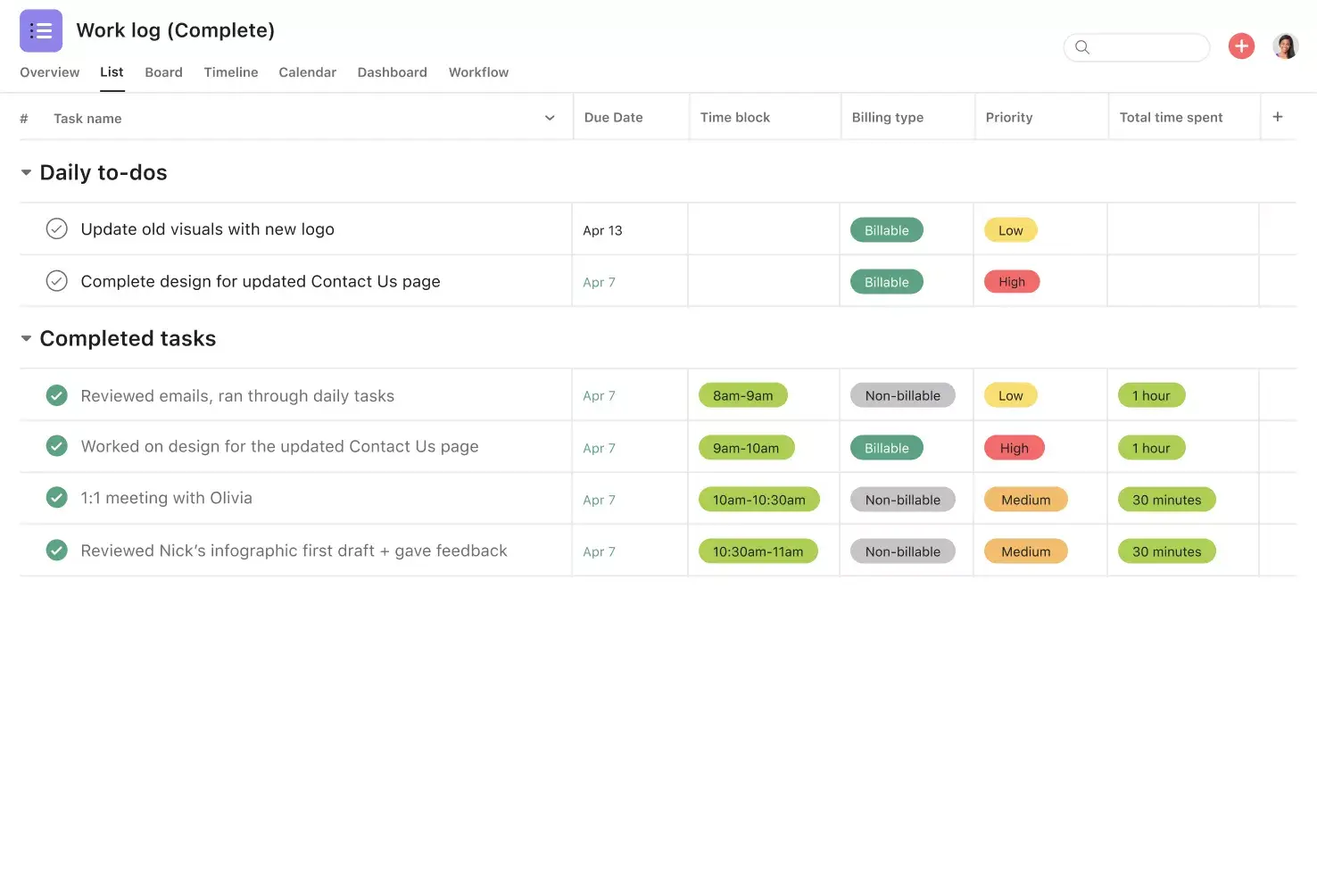 [Interface do produto] Modelo de registro de trabalho preenchido (visualização em formato de planilha) na Asana (visualização de lista)