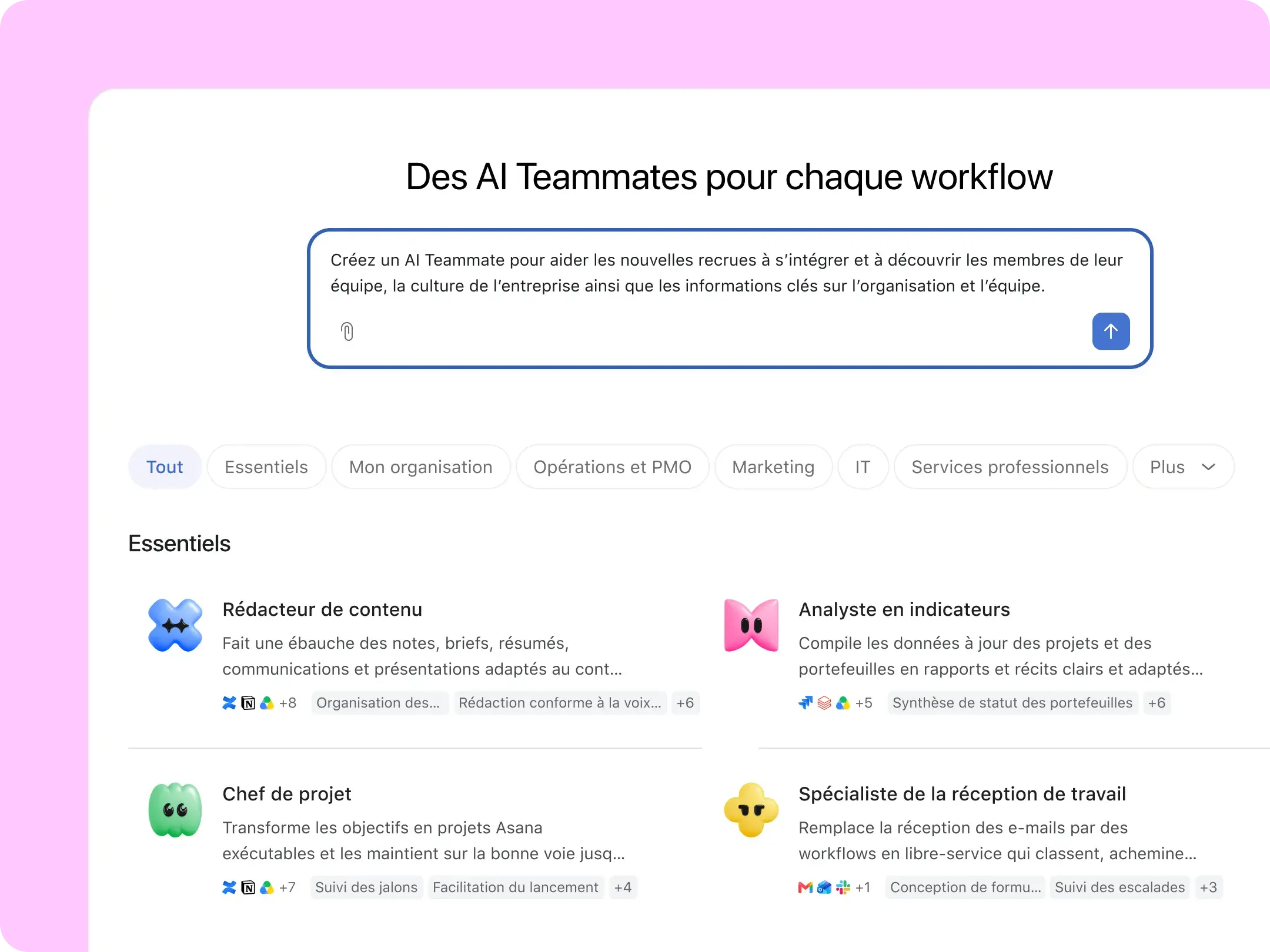 UI Asana montrant la galerie des AI Teammates. Une grille affiche des agents IA prédéfinis par fonction, comme Marketing et Informatique. Exemples de cartes : Analyste concurrence, Rédacteur de brief de campagne et Manager de la localisation du contenu.