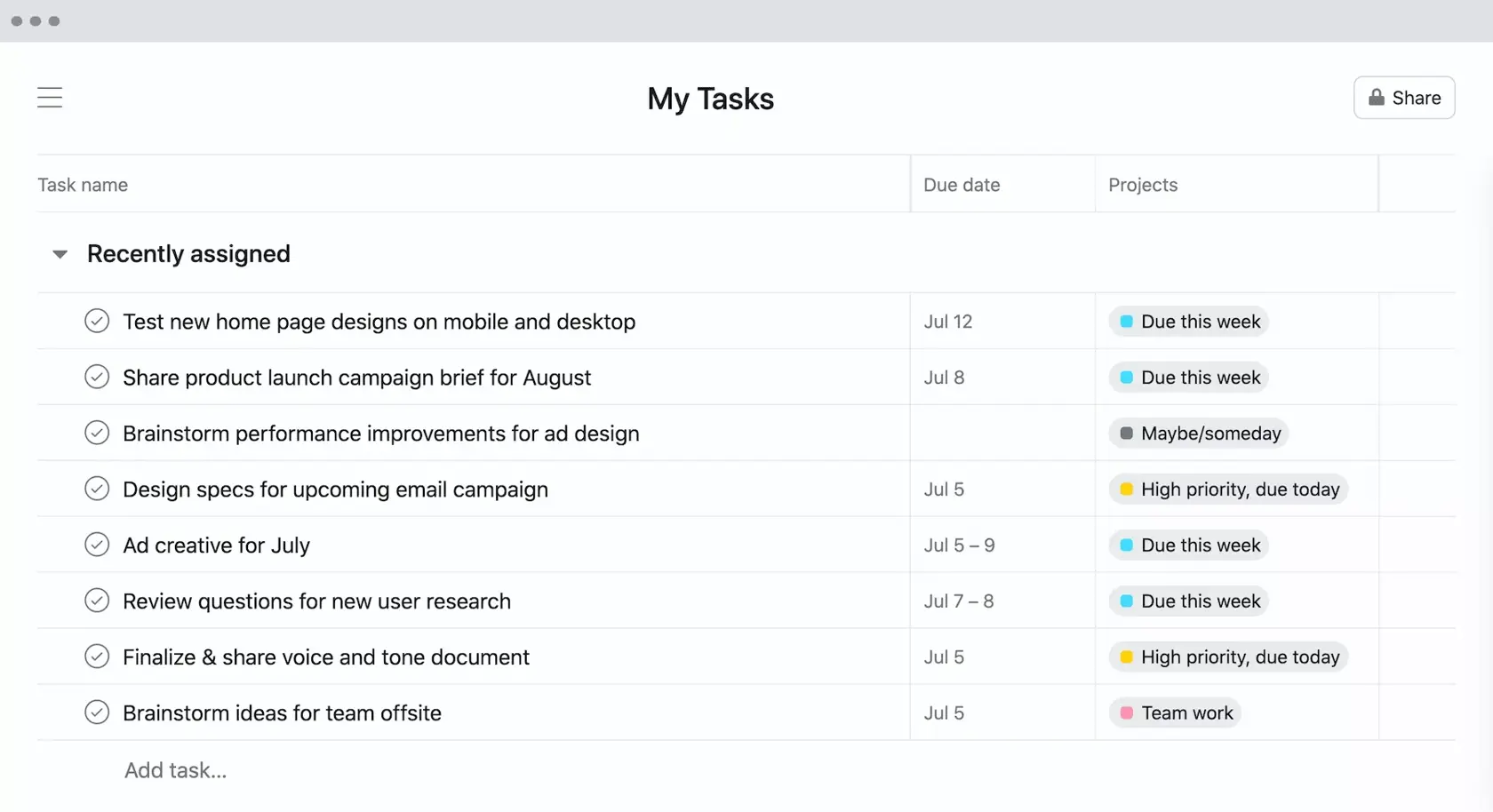 [Представление в виде списка] «Мои задачи» в проекте Asana по методу GTD с информацией в рамках проекта (этап 2)