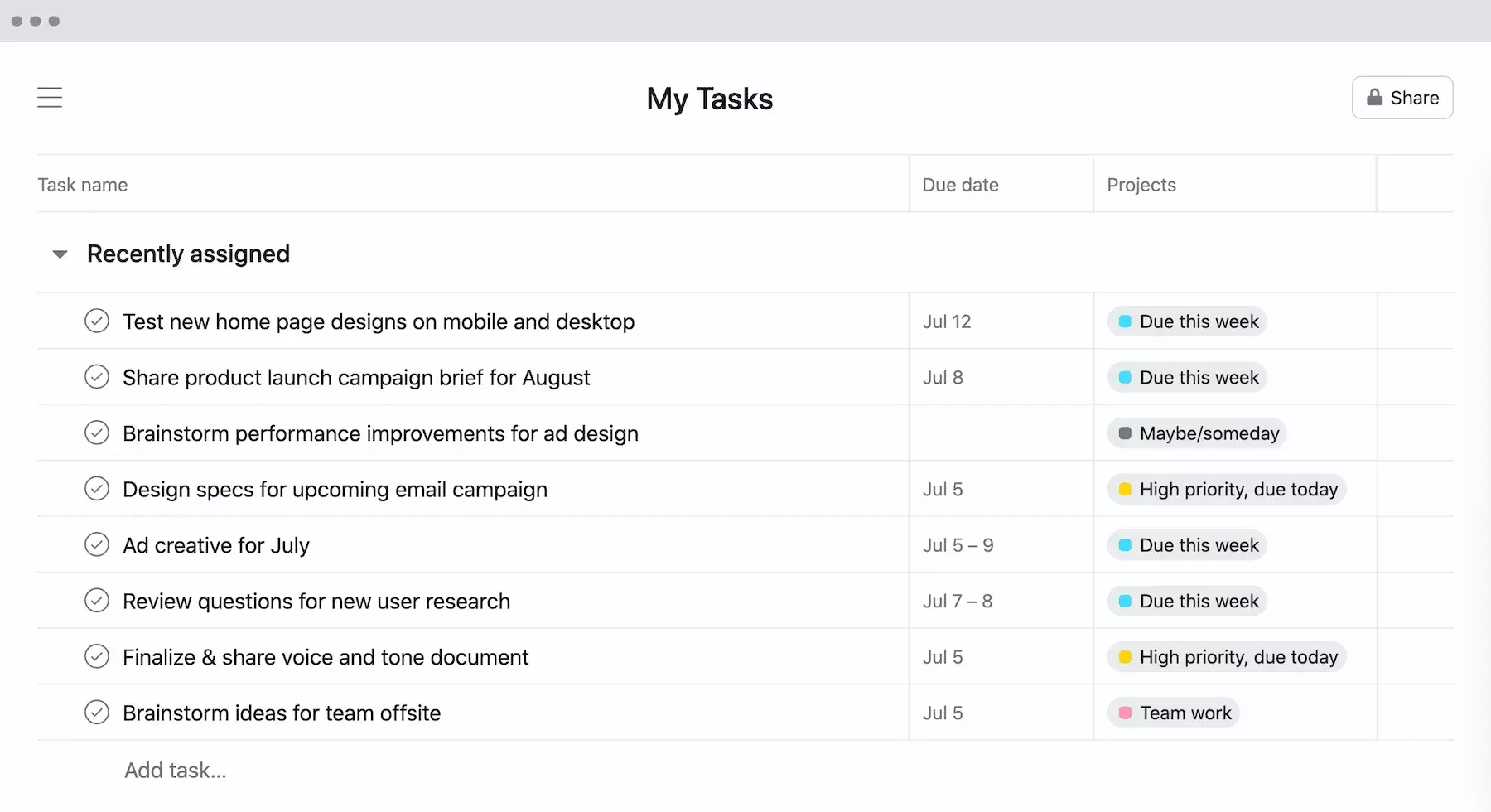 [Visualização de lista] Método GTD num projeto em Minhas tarefas na Asana com informações a nível do projeto (passo 2)