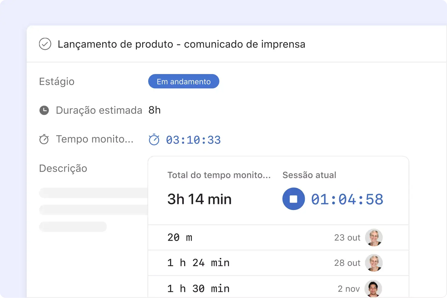 Monitoramento de tempo na Asana