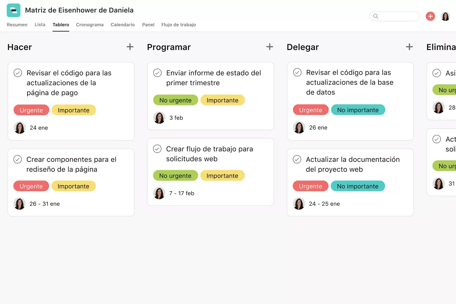 [Interfaz de usuario del producto] Proyecto de matriz de Eisenhower con tareas concretas en Asana con vista al estilo de tablero Kanban (Tableros)