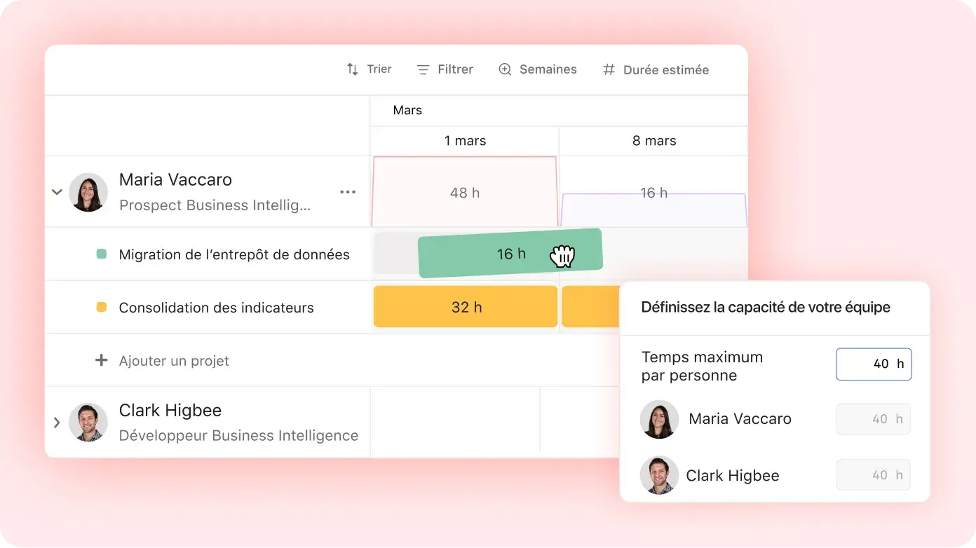 Interface utilisateur du produit indiquant comment un utilisateur peut glisser-déposer des heures 