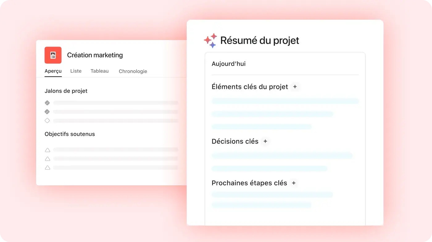 Interface utilisateur du produit de l’IA Asana créant une synthèse d’un projet configuré sur Asana