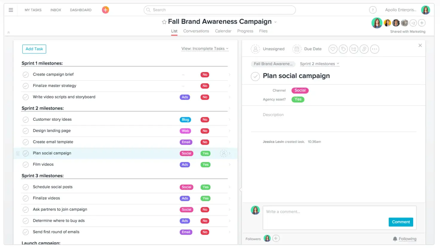 Product UI: Campaign template in Asana